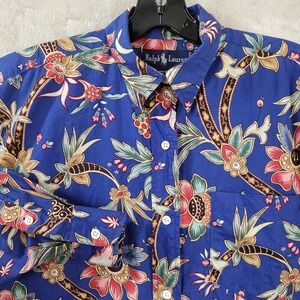 Vtg Ralph Lauren Shirt Women 8 Blue Floral Tropical Oversized Long Sleeve 80's
